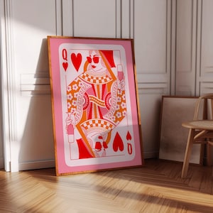 Impresión de naipes de la Reina de Corazones, arte de pared rosa y naranja funky, decoración de habitación preppy Y2K, arte de pared maximalista, impresión champán para dormitorio universitario