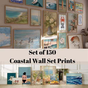 Set of 150 Coastal Wall Set Prints,Softness Coastal Art Print - Eclectic Beach Gallery Wall Decor with Modern Nautical Aesthetic