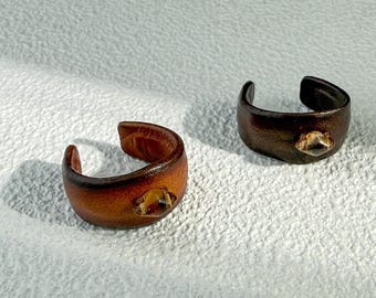 Adjustable Leather Statement Ring: Red Czech Glass, Full Grain