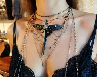 Custom Birthstone layered leather butterfly choker necklace set，whimsigoth brass collar chain