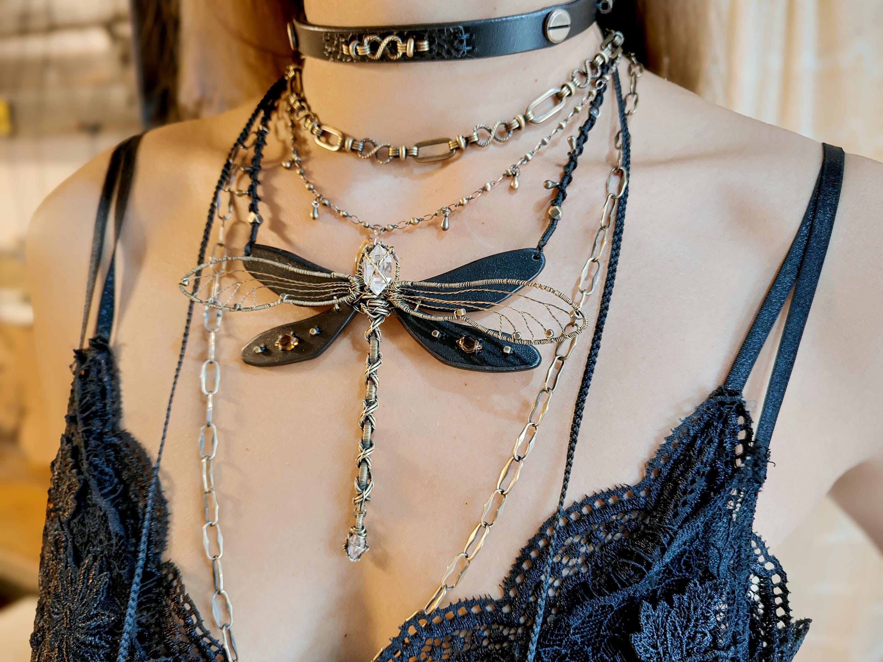 Layered Leather Dragonfly Choker Necklace，custom Birthstone