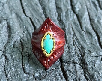 Nature Dark Cottagecore Turquoise Chunky Ring, Handmade Italian Leather Fantasy Jewelry, December birthstone gift
