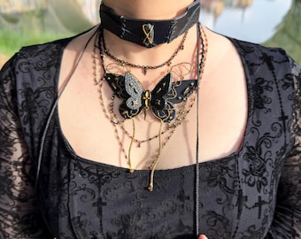 Layered Leather Butterfly Necklace: Gothic Whimsigoth Statement Jewelry