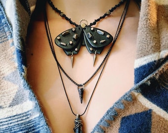 Whimsigoth Luna Moth Leather Choker Collar Necklace, Nature Raw Crystal Pendant