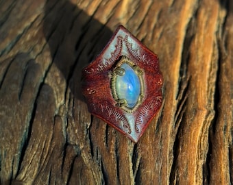 Adjustable Rainbow Moonstone Leather Ring, Italian Full Grain Leather Accessory Gift