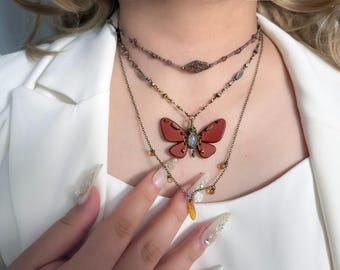 Moonstone Butterfly Leather Choker Necklace: Whimsigoth Fairycore Jewelry