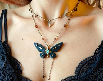 Fairycore Luna Moth Necklace, Opal Leather Butterfly Pendant