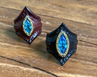 Handmade Elven Leather Ring: Witchy Sapphire Gemstone, Dark Academia Jewelry
