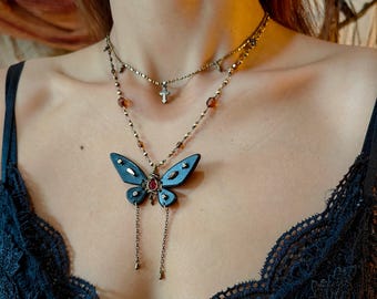 Witchy Ruby Luna Moth Necklace: Handmade Leather Butterfly Jewelry