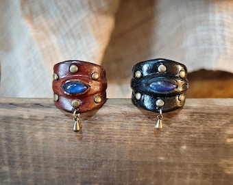 Labradorite Adjustable Leather Ring, Dark Academia Witch Jewelry, Handmade Fantasy Gift for Her