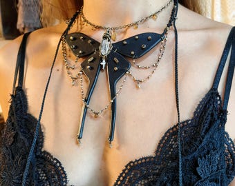 Birthstone Leather Large Black Butterfly Layered Choker Necklace, Statement Witchy Insect Jewelry