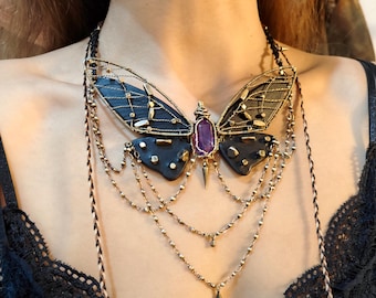 dark  fairycore amethyst  moth necklace，handmade leather insect jewelry ，February Birthstone gift