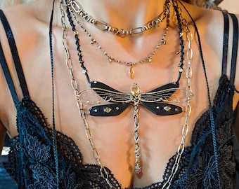 Handmade Citrine Dragonfly Necklace, Brass Chain, Leather Wings