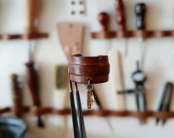 Handcrafted Leather Ring: Amber Crystal, Adjustable Brass Rivet