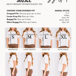 Pode incluir: Guia de tamanhos para uma t-shirt boxy Comfort Colors 3023CL. Inclui as medidas da modelo: 163 cm, 54 kg, busto 86 cm, cintura 67 cm, ancas 97 cm. Mostra diferentes tamanhos: cropped, loose crop, baggy e ultra-baggy.