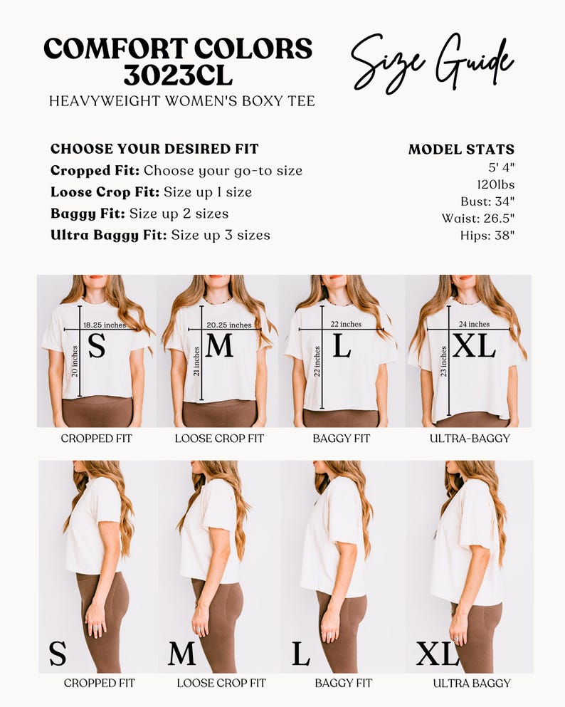 Pode incluir: Guia de tamanhos para uma t-shirt boxy Comfort Colors 3023CL. Inclui as medidas da modelo: 163 cm, 54 kg, busto 86 cm, cintura 67 cm, ancas 97 cm. Mostra diferentes tamanhos: cropped, loose crop, baggy e ultra-baggy.