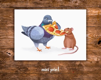 Pizza Rat & Pigeon Mini Print | NYC Foodie Art Print | New York City Wall Art | Pizza Rat Illustration | Funny City Animal Print