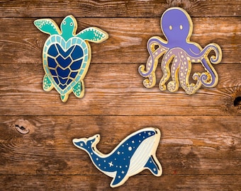 Pines esmaltados del océano / Tortuga marina, pulpo, ballena / Lindos pines de solapa del fondo del mar / Accesorios costeros estilo cottagecore / Náutico