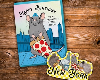 Divertido set de regalo de rata de Nueva York / Paquete de tarjeta y pegatina de rata pizzera / Papelería de animales de Nueva York / Lindo regalo de rata de ciudad