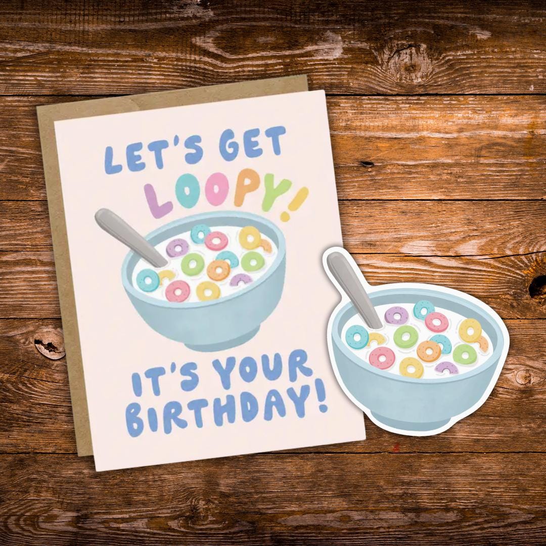 Let’s Get Loopy Birthday Card Bundle | Funny Cereal Pun Card & Sticker ...