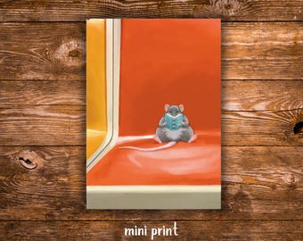 Mini lámina "Lector del metro" / Lámina artística de rata de Nueva York / Arte para amantes de los libros / Lámina de la ciudad de Nueva York / Ilustración de rata lectora / Lámina artística pequeña