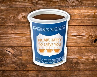 Pegatina "Estamos encantados de atenderle" / Pegatina de taza de café de Nueva York / Pegatina de café de Nueva York / Calcomanía divertida de café de delicatessen / Regalo para amantes del café de la ciudad