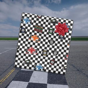Racing Gift Wrap Papers for Formula One Fans, Checkered Design with Race Cars and Tires, Perfect for Birthday and Christmas