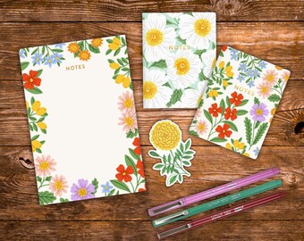 Set de papelería floral / Paquete de cuaderno y bloc de notas con bolígrafos y pegatinas / Bonito regalo de escritorio para profesores y compañeros de trabajo