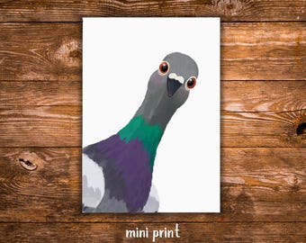Curious Pigeon Mini Print | NYC Pigeon | Funny Bird Wall Art | New York City Decor | Whimsical Pigeon Illustration | Small Art Print