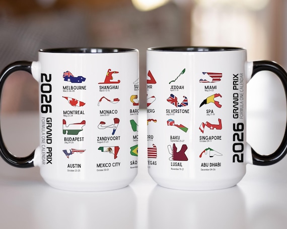 Formula One Calendar 2026 Mug, F1 Race Track Coffee Cup, Grand Prix, Motorsport Fan Present, Racing Dad Gift, Auto Lover Cup