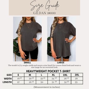 May include: Size guide for a heavyweight pocket t-shirt, with measurements in inches. The image shows a model wearing a small and large shirt. The shirt is available in sizes S to 3XL, with width measurements from 47cm to 71cm and lengths from 69cm to 84cm.