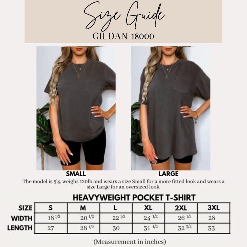 May include: Size guide for a heavyweight pocket t-shirt, with measurements in inches. The image shows a model wearing a small and large shirt. The shirt is available in sizes S to 3XL, with width measurements from 47cm to 71cm and lengths from 69cm to 84cm.