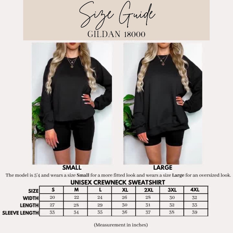 May include: Black unisex crewneck sweatshirt size guide with measurements in inches. The image shows a size chart with width, length, and sleeve length for sizes S to 4XL. The text "Size Guide" and "GILDAN 18000" are at the top.