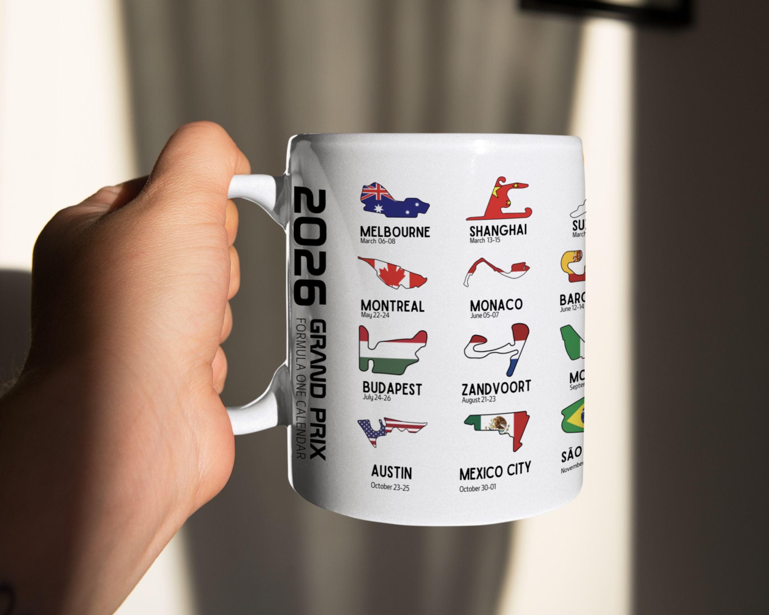 Formula One Calendar 2026 Mug, F1 Race Track Coffee Cup, Grand