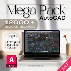 May include: A laptop computer displaying a screen filled with colorful AutoCAD blocks. The laptop is on a desk with a wooden surface. The text "Mega Pack AutoCAD 12000+ BLOCKS | BLOQUES" is displayed above the laptop. The text "Regalo + Formatos • Plantillas • Textos" is displayed on the left side of the laptop. The text "A CAD" is displayed in a red square on the left side of the laptop. The text "www.perspektiva.cl" is displayed below the laptop. The text "SALE" is displayed in a pink square on the right side of the laptop.