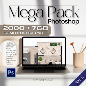 Op de afbeelding: Een laptopcomputer met een plattegrondontwerp op het scherm. De laptop staat op een wit oppervlak met een houten potloodhouder en kwasten. De tekst op het scherm luidt "Mega Pack Photoshop 2000 + 7GB ELEMENTOS PSD PNG" en "www.perspektiva.cl". De tekst "SALE" staat in een blauwe doos in de rechterbenedenhoek van de afbeelding.