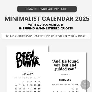 Minimalist Calendar 2025 - Quran Verse & Inspiring Handlettered Quotes | Islamic Gifts 2025 | Islamic Calendar | Digital, Printable Calendar