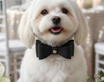 Leather dog collar with detachable bow tie, Full-grain pet accessory, Personalized leather dog collar, Dog wedding attire