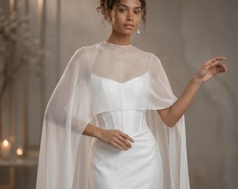 White wedding cape, Long wedding cape, Sheer bridal cape, Wedding dress cape, Wedding veils cape, Wedding dress topper, White bridal shawl