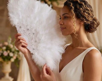 Bridal feather fan, White feather hand fan,Large feather fan,Wedding hand fan,Bridesmaid fan,Elegant feather fan,Bridal shower fan,Dance fan