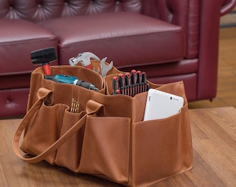 Leather tool bag, Organizer tools bag, Electrician tool bag, Tote for tools, Large tool bag, Mens tool bag, Leather garage storage
