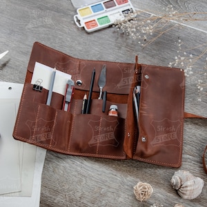 Leather brush roll, Artist supply case, Artist tool case, Pen roll case, Paint brush storage, Artist tool roll, Color pencil storage