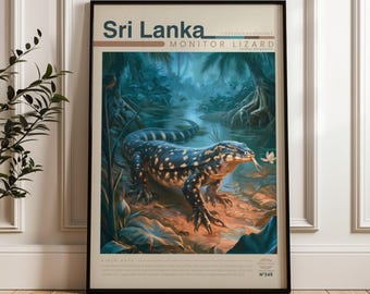 Monitor Lizard Travel Poster, Tropical Forest Wall Art, Illustrated Wildlife Animal Print, Sri Lanka Nature Home Decor