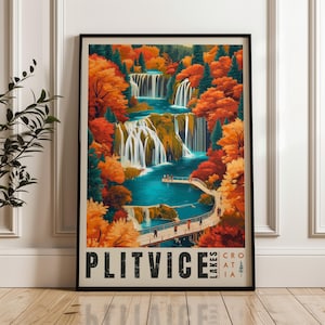 Poster di viaggio dei Laghi di Plitvice - Stampa artistica da parete in Croazia, poster illustrativo, arredamento per casa e ufficio, idea regalo, stampa di viaggio del Parco Nazionale