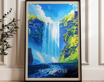 Skogafoss Travel Poster - Iceland Wall Art Print, Illustration Poster, Artwork, Home & Office decor, Gift idea, Waterfall Travel print