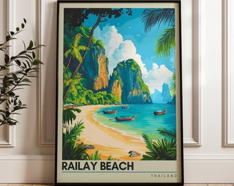 Railay Beach Travel Poster - Thailand Wall Art Print, Home & Office Decor, Unique Illustration, Perfect Gift, Tropical Travel Print