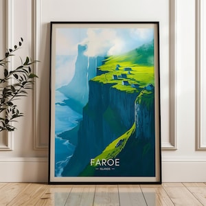 Faroe Islands Travel Print - Europe Wall Art Poster, Hiking Illustration Artwork, Atlantic Ocean Home & Office decor, Denmark Gift idea