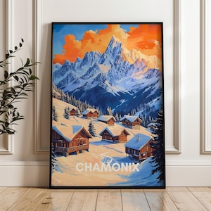 Chamonix Travel Print - France Wall Art Framed Poster, Winter Skying Illustration Artwork, Alps Home & Office decor, Mont-Blanc Gift idea