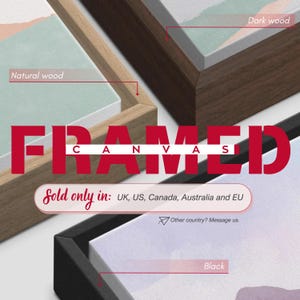 The image is a framed artwork with three different wood finishes and a black frame. The text indicates that the artwork is sold only in the UK, US, Canada, Australia, and EU, and it is available in other countries as well.