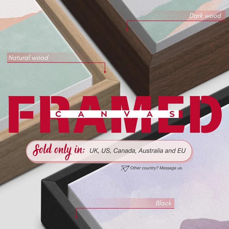 The image is a framed artwork with three different wood finishes and a black frame. The text indicates that the artwork is sold only in the UK, US, Canada, Australia, and EU, and it is available in other countries as well.